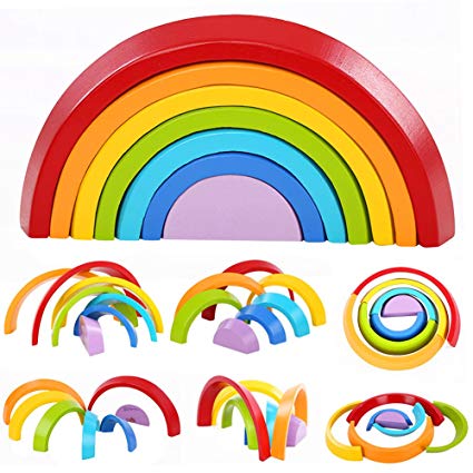 Lewo Wooden Rainbow Stacking Game Learning Toy Geometry Building Blocks Educational Toys for Kids Baby Toddlers