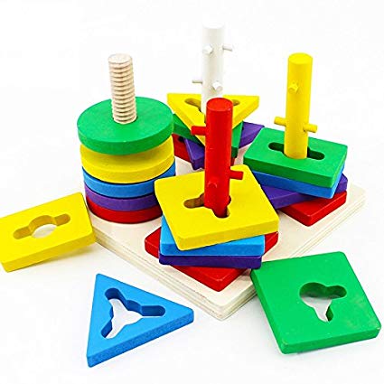 Stonepack Colorful Recognition Geometric Board Block Stack Wooden Educational Preschool Shape Sort Chunky Puzzle Toys, Christmas Gift Toy for Kids Children Baby Toddler Boy Girl