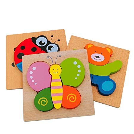 DreamsEden Wooden Jigsaw Puzzles for Toddlers Animal Chunky Puzzles Educational Toys for Kids Boys Girls, Free Drawstring Bag for Easy Storage