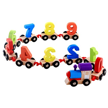 DOUYYE Wooden Toddlers Educational Toys,Geometric Shapes Stacking Train Peg Puzzles Games（Number 0-9）