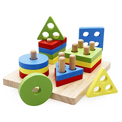 rolimate Wooden Educational Preschool Shape Color Recognition Geometric Board Block Stack Sort Chunky Puzzle Toys, Birthday Gift Toy for age 3 4 5 Years Old and Up Kid Children Baby Toddler Boy Girl