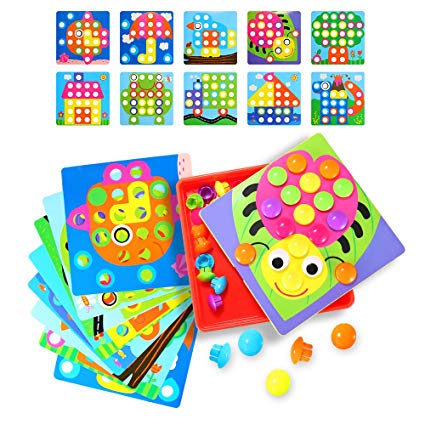 TTtree Button Art, Mushrooms Nails Color Matching Mosaic Pegboard Early Learning Educational Toys Set for Boy & Girls