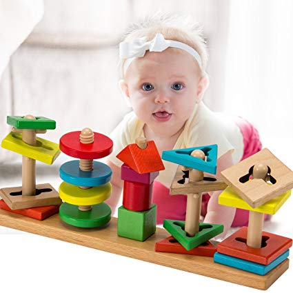 Biubee 20 Pcs Wooden Education Shape Color Recognition Toys- Geometric Sorting Board Blocks for Preschool Baby Toddlers