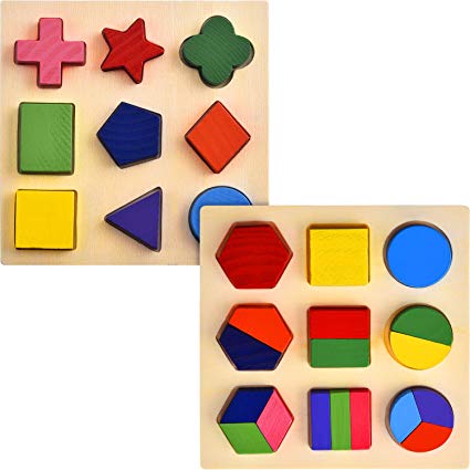 Skylety 2 Sets of Shapes Wooden Chunky Puzzle Kindergarten Geometric Shape Puzzles Sorting Game Early Development Educational Toys