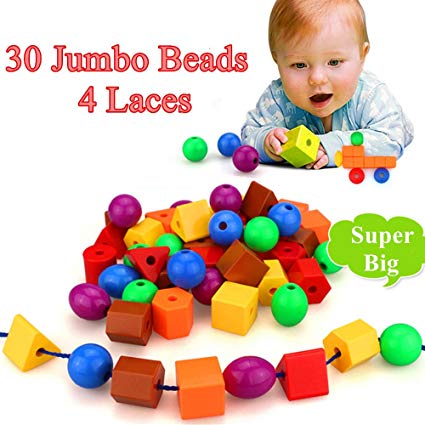 JUMBO PRIMARY STRINGING BEAD SET with 30 Biggest Lacing Beads in the Market and 4 Laces ,for Toddlers and Babies, 4 Strings,Occupational Therapy