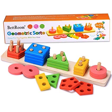 BettRoom Wooden educational preschool toddler toys for 1 2 3 4-5 year old boys girls shape color Recognition Geometric Board Blocks Stack Sort kids Children Baby NON-TOXIC toy(14IN)